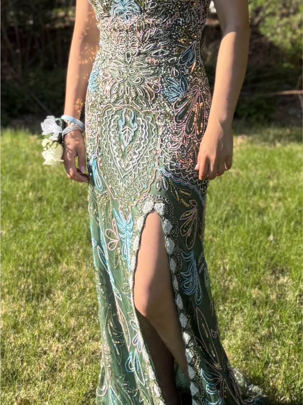 Embellished Green Beaded Evening Dress with Front Slit